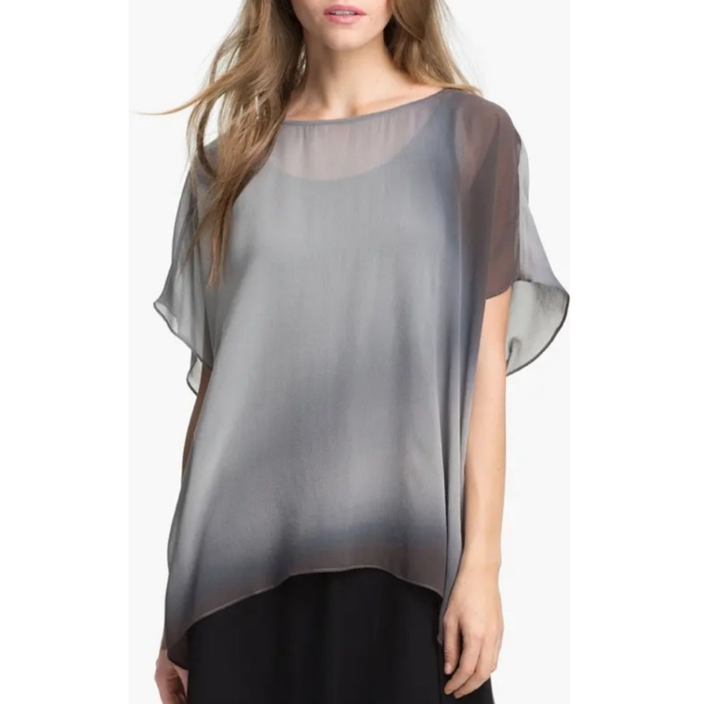 Eileen Fisher Watercolor Sheer Silk Boxy Tunic Blouse Top Grey Ombre XS